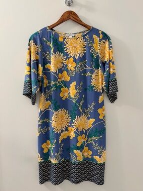 London Times Blue Shift Dress Yellow Floral Print Floral Size 6P Petite Like New